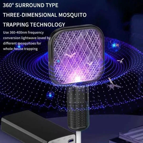 Mosquito trap featuring 360-degree trapping technology on a dark background, designed to attract, capture, and eliminate mosquitoes and flying insects for a cleaner and more comfortable indoor environment.