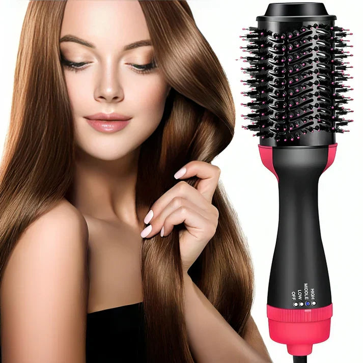 Woman with long healthy hair beside a pink and black hot air hair styling brush on a white background, designed for drying, straightening, curling, volumizing, and styling hair.