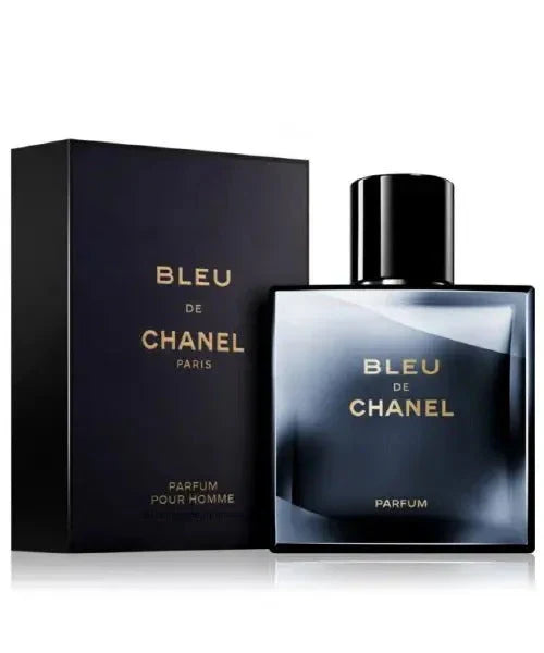 Bleu de Chanel perfume bottle and original packaging displayed on a white background, featuring a sleek dark blue design and a sophisticated men's fragrance presentation.