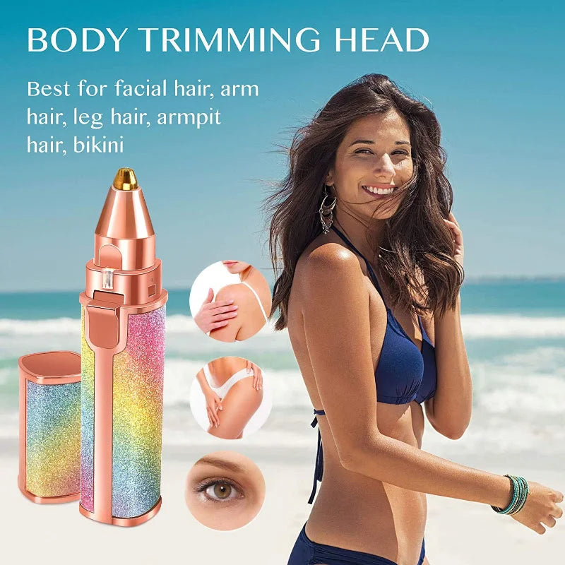 Body trimming head attachment displayed with a woman on a beach background, highlighting a grooming accessory designed for precise and comfortable removal of unwanted body hair while maintaining smooth skin.