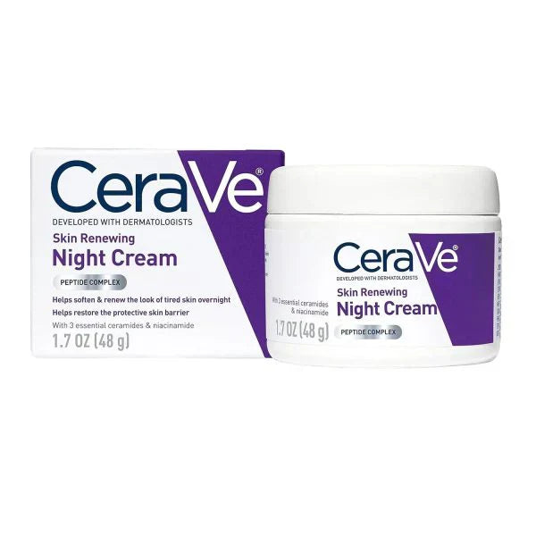 CeraVe Skin Renewing Night Cream jar and product box displayed on a white background, featuring a moisturizing overnight skincare formula designed to help hydrate and support the skin’s natural barrier while you sleep.