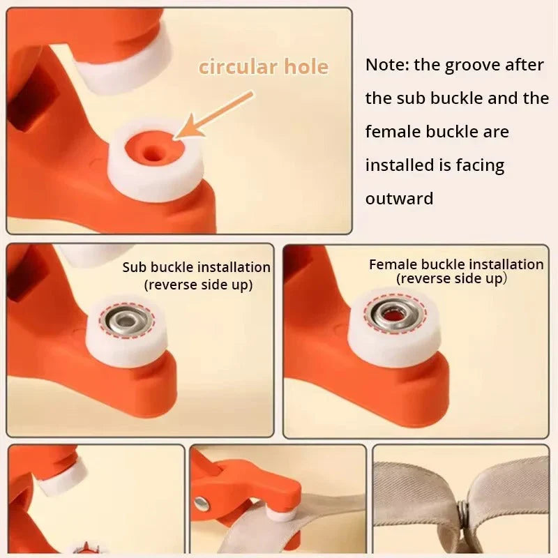 Step-by-step installation guide showing how to attach the male and female buckle components of a child safety lock, designed to secure cabinets, drawers, and household furniture for added safety.