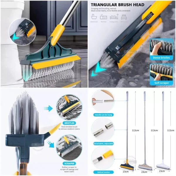 Cleaning tool featuring a triangular brush head and built-in scraper, designed for cleaning windows, corners, grout lines, and various household surfaces by removing dirt, dust, and stubborn residue.