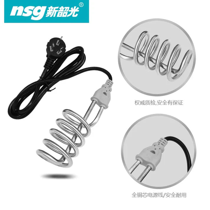 Electric immersion water heating rod with power cord and close-up feature details displayed on a white background, designed for quickly heating water in buckets, containers, and household use.