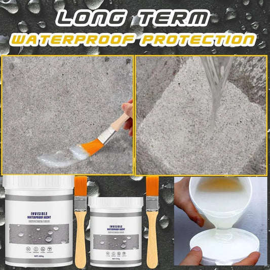 Invisible waterproof paint with application tools, designed to provide long-term waterproof protection for roofs, walls, cracks, and outdoor surfaces while maintaining the original appearance.