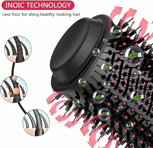 Hair styling brush with black bristles and pink accents featuring ionic technology, designed to reduce frizz, enhance shine, and provide smooth, manageable hair during styling.