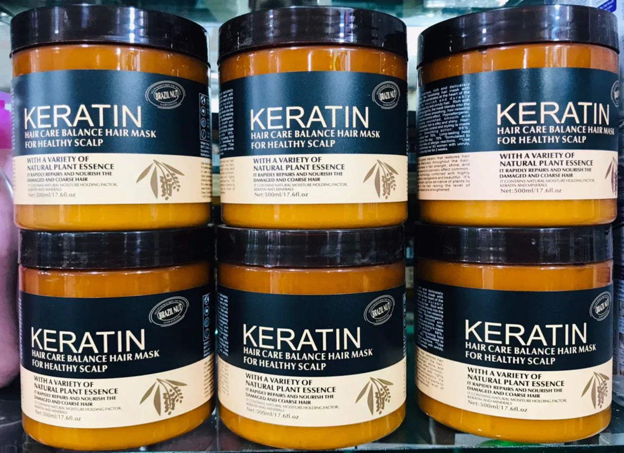 Multiple jars of Keratin Hair Care Balance Hair Mask displayed on a shelf, highlighting a nourishing hair treatment designed to support smoother, healthier-looking hair, reduce dryness, and improve manageability.
