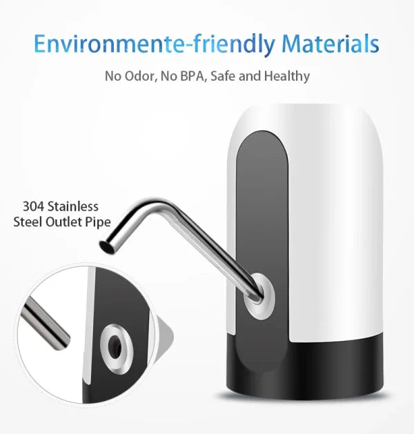 Portable water dispenser featuring a 304 stainless steel outlet pipe and environment-friendly materials, designed for convenient and hygienic dispensing of drinking water from large water bottles.