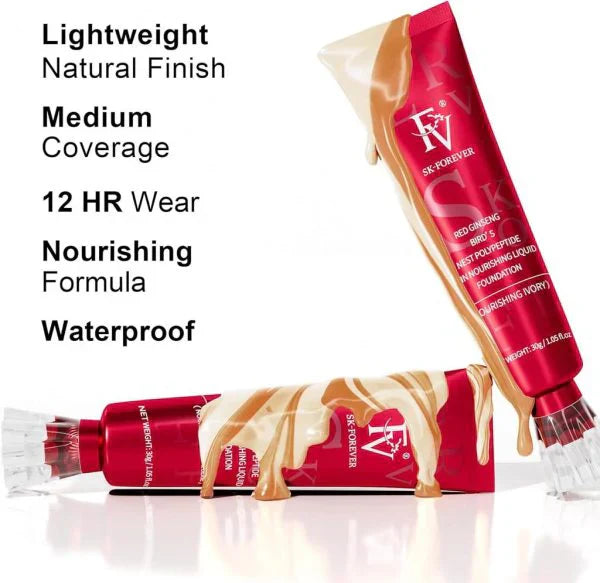 Two SK-FOREVER foundation sticks displayed on a white background with highlighted product features, designed to provide smooth coverage, long-lasting wear, natural-looking finish, and easy application.