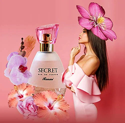 Secret Eau de Parfum bottle with a woman wearing a pink flower headpiece on a pink background