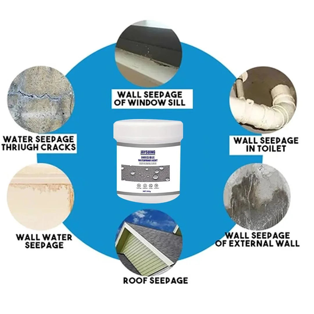 A white plastic jar of Seepoint Waterproofing Compound is centered on a blue circular background, surrounded by six circular inset photos showing different types of water seepage issues: wall seepage of window sill, wall seepage in toilet, wall water seepage, roof seepage, wall seepage of external wall, and water seepage through cracks. Text labels identify each issue.
