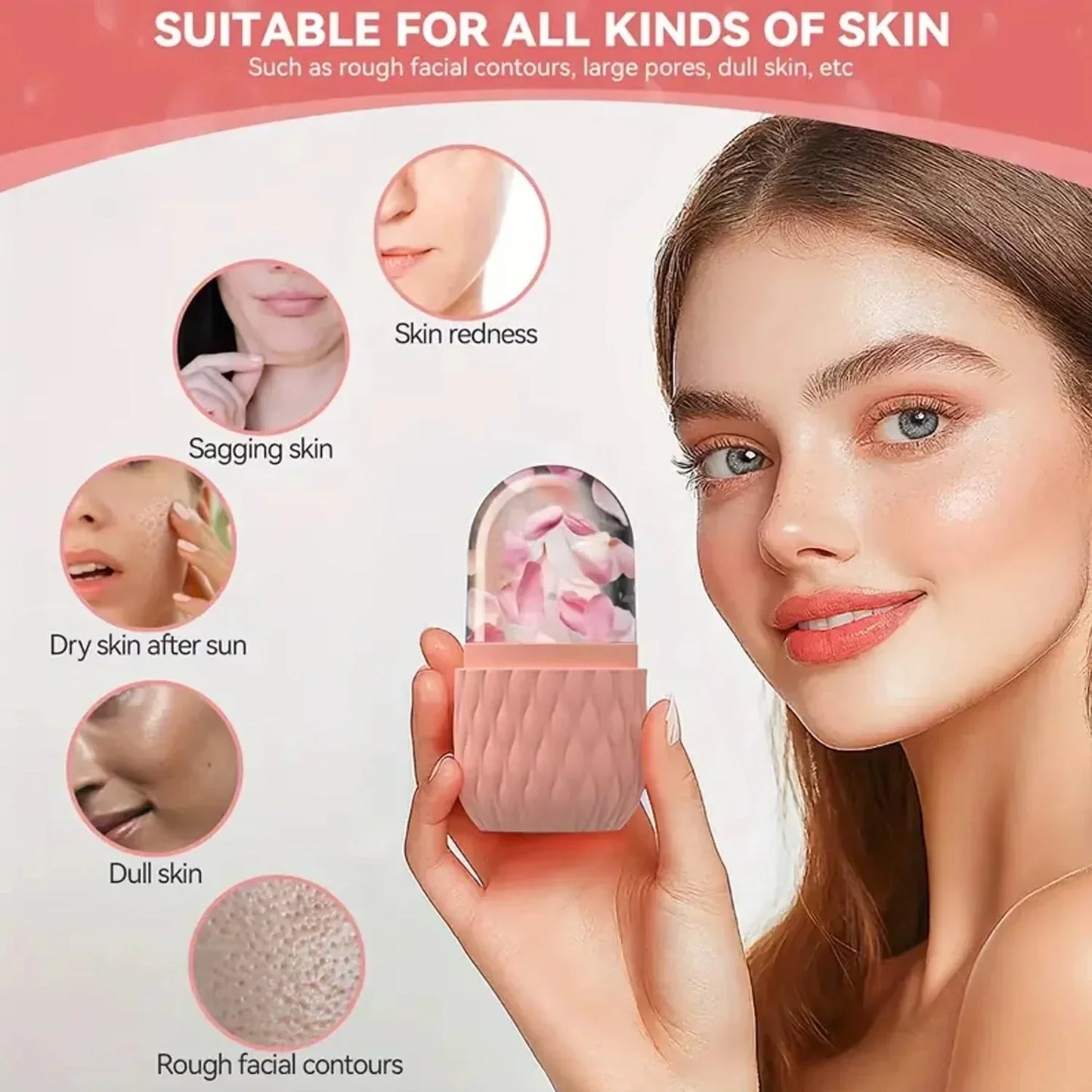 Woman holding a skincare cream on a pink background with illustrations of common skin concerns, highlighting benefits for improving skin tone, reducing dark spots, and promoting a smoother, brighter complexion.