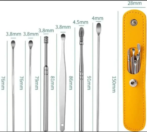Set of stainless steel ear cleaning tools displayed with product measurements and a yellow storage case, featuring reusable ear picks designed for personal ear hygiene, cleaning, and grooming.