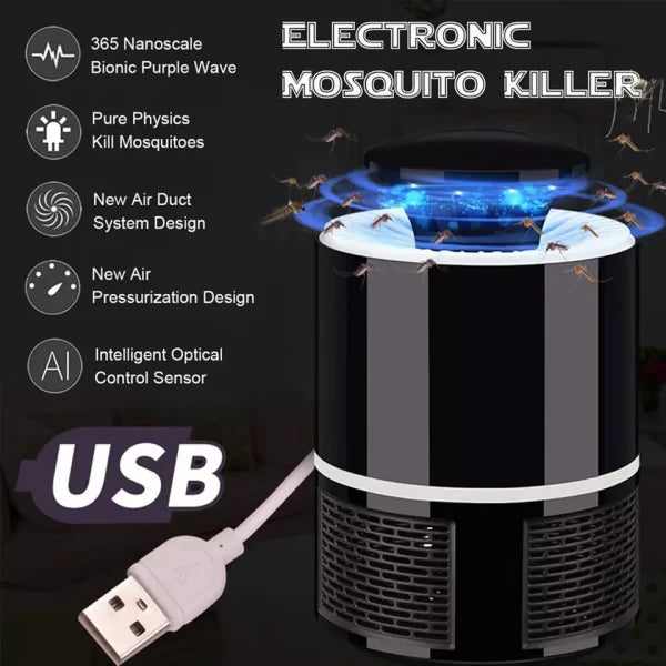 Electronic mosquito killer with USB power connection displayed on a dark background, designed to attract and trap mosquitoes while providing a quiet and convenient solution for indoor insect control.