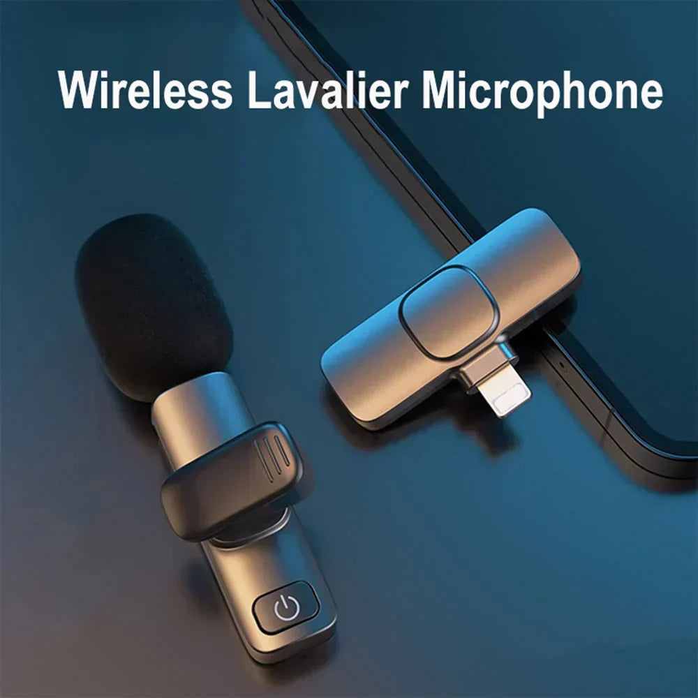 Wireless lavalier microphone with smartphone receiver attachment displayed on a blue background, designed for clear audio recording, content creation, interviews, live streaming, and mobile video production.