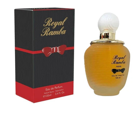 Royal Ramba perfume bottle and branded packaging displayed on a clean white background. Showcases an elegant fragrance with premium packaging, suitable for everyday wear, special occasions, and luxury perfume collections.