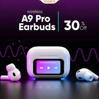 A9 Pro wireless earbuds with charging case showcased on a dark background alongside a promotional discount offer, highlighting a sleek design, portable charging, and wireless audio convenience.