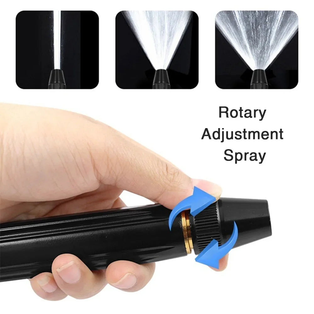 Hand demonstrating an adjustable rotary spray nozzle for a cordless pressure washer. The nozzle rotates to switch between concentrated jet spray, fan spray, and wide-angle mist spray for car washing, surface cleaning, and garden watering.