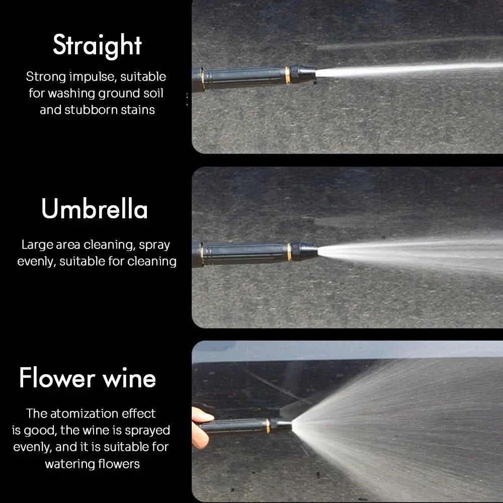 Cordless pressure washer nozzle demonstrating three adjustable spray patterns: straight jet spray for stubborn dirt and stains, fan spray for wide-area cleaning, and fine mist spray for watering plants and delicate surfaces.