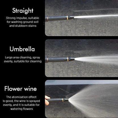 Cordless pressure washer nozzle demonstrating three adjustable spray patterns: straight jet spray for stubborn dirt and stains, fan spray for wide-area cleaning, and fine mist spray for watering plants and delicate surfaces.