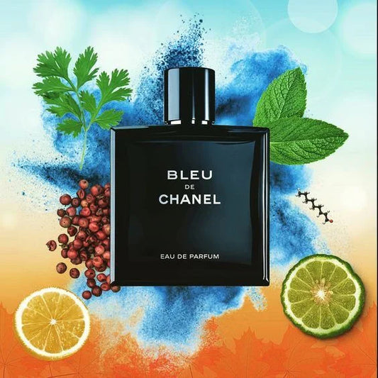 Bleu de Chanel perfume bottle displayed with colorful background elements, showcasing the iconic men's fragrance in an elegant presentation that highlights its premium and sophisticated appeal.