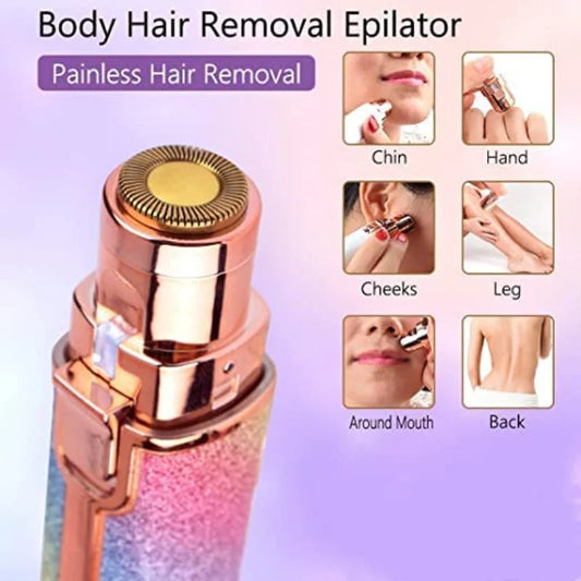 Body hair removal epilator displayed on a purple background with usage examples, showcasing a portable grooming device designed to remove unwanted hair from various areas of the body for smooth and long-lasting results.