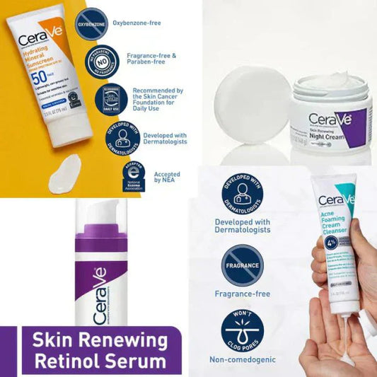 CeraVe skincare collection featuring a serum, moisturizing cream, and night cream alongside their product packaging, showcasing a complete skincare routine designed to hydrate, nourish, and support the skin’s natural barrier.