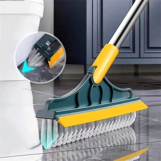 Cleaning brush with an integrated squeegee being used on a tiled floor, with a close-up inset highlighting its cleaning action, designed to remove dirt, dust, and water from floors, grout lines, and hard-to-reach areas.