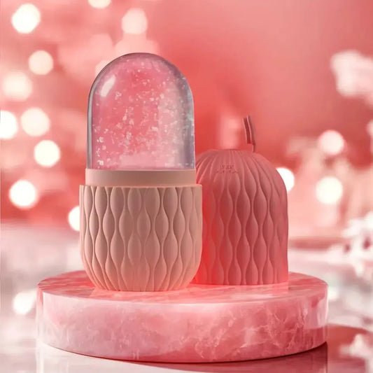 Pink textured decorative table lamp with a transparent crystal-style glass dome displayed on a pink background, designed to create a warm ambient glow and enhance home décor with an elegant modern look.