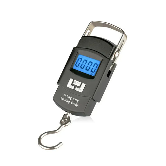 Digital hanging fishing scale with a blue LCD display on a white background, designed for accurately weighing fish, luggage, parcels, and other items with a portable and easy-to-read design.