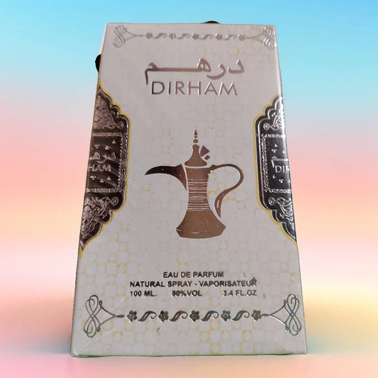 Dirham perfume packaging displayed against a colorful gradient background, showcasing an elegant fragrance presentation with premium branding and a sophisticated, eye-catching design.