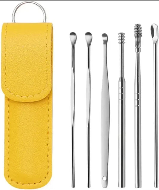 Stainless steel ear wax removal tool kit with multiple ear cleaning picks and a yellow storage case displayed on a white background, designed for reusable personal ear care and hygiene.