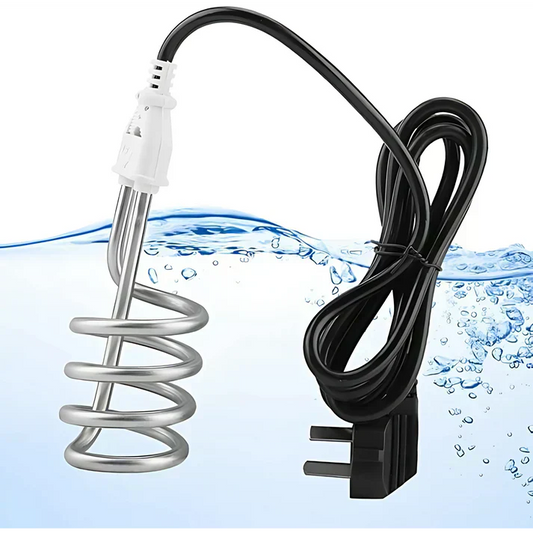 Electric immersion water heater with a coiled heating element and power cord displayed against a water-themed background, designed for fast and efficient heating of water in buckets, tubs, and household containers.