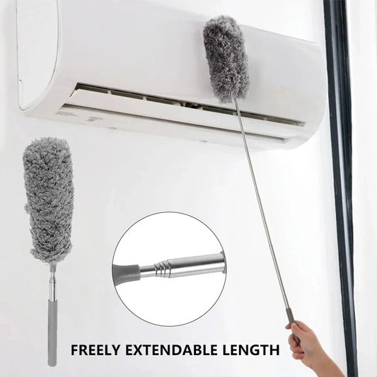 Extendable cleaning duster with a flexible handle being used to clean an air conditioner, demonstrating easy movement and access to high, narrow, and hard-to-reach areas for effective dust removal.