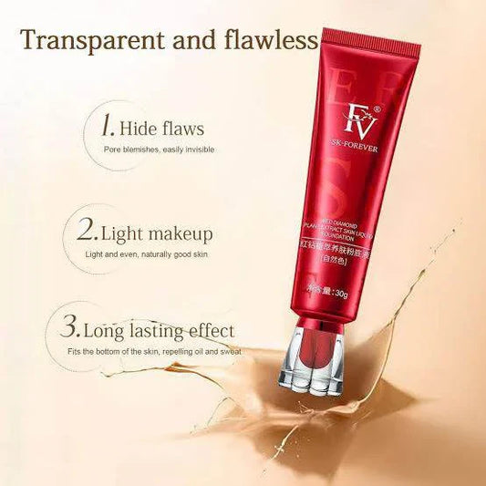 Red FV beauty foundation cream tube displayed on a beige background, designed to provide even skin coverage, a natural finish, lightweight wear, and long-lasting makeup performance.