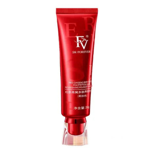 Red FV skincare and foundation cream tube displayed on a white background, featuring branded packaging designed to provide smooth coverage, skin-enhancing benefits, and a natural-looking finish.