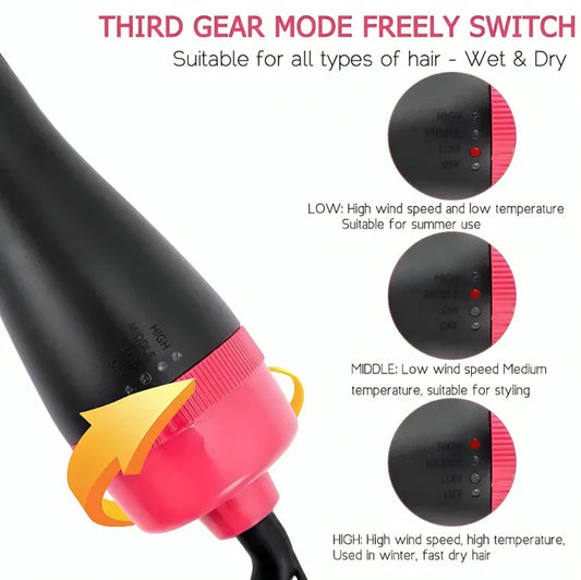 Hair dryer featuring a three-speed mode switch and adjustable temperature settings on a white background, designed for flexible hair drying and styling with customized airflow and heat control.