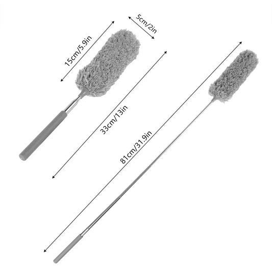 Two microfiber feather dusters displayed on a white background with product measurements, featuring an extendable design for convenient cleaning of furniture, ceilings, shelves, and hard-to-reach areas.