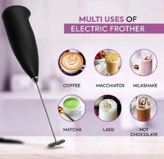 Electric milk frother showcasing multiple drink applications, including coffee, latte, cappuccino, hot chocolate, and milk beverages, designed for quick and easy foam preparation at home.