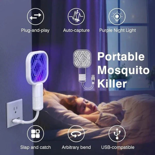 Portable mosquito killer device mounted near a bed, featuring quiet operation, USB charging, insect trapping technology, and multiple safety features for effective indoor mosquito control.