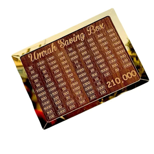 Elegant Umrah savings box with a gold and brown design on a white background, ideal for saving money for Umrah, Hajj, travel goals, and Islamic financial planning.