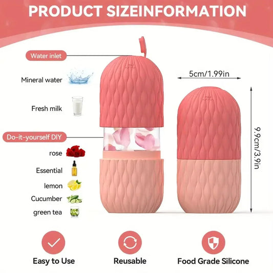 Pink silicone ice roller mold displayed on a white background with product dimensions and features, designed for facial massage, cold therapy, skin soothing, puffiness reduction, and refreshing skincare routines.
