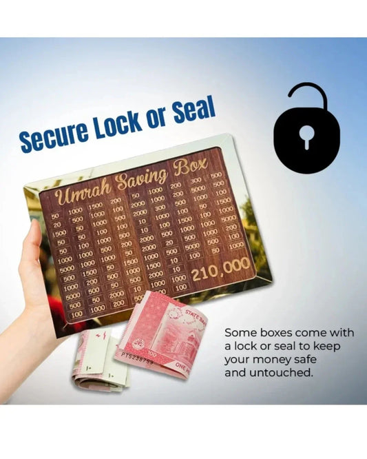 Umrah savings box featuring a secure lock or seal design, displaying cash savings and security-focused messaging, ideal for safely saving money for Umrah, Hajj, and other financial goals.
