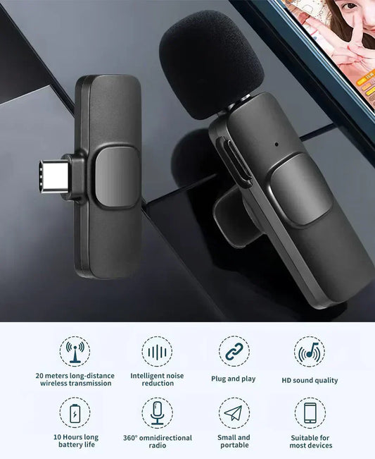 Black wireless microphone and smartphone holder displayed on a reflective surface with feature icons below, showcasing a portable audio recording solution designed for vlogging, interviews, live streaming, and mobile content creation.