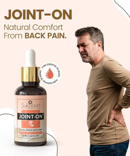 Sukoon Joint-On product displayed with a man holding his lower back on a beige background, highlighting a topical formula designed to support back pain relief, joint comfort, flexibility, and everyday mobility.