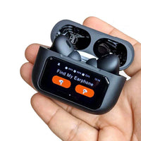 Hand holding a black wireless earbuds charging case with earbuds inside, displayed against a white background and showcasing a compact, portable design for convenient wireless audio and on-the-go charging.