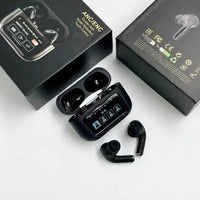 Black wireless earbuds displayed with their charging case and open product box on a white background, featuring a compact design for convenient wireless listening, charging, and everyday portability.