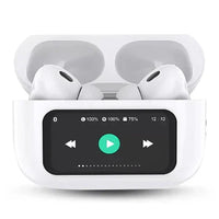 Wireless earbuds with a charging case displayed on a white background, featuring illustrated music and call control functions that highlight convenient touch controls for audio playback, volume adjustment, and hands-free use.