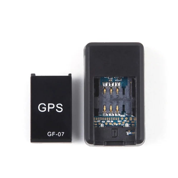 GPS GF-07 tracking device displayed on a clean white background with the product label visible. Compact GPS locator device designed for real-time location tracking, vehicle monitoring, personal security, and smart tracking solutions.