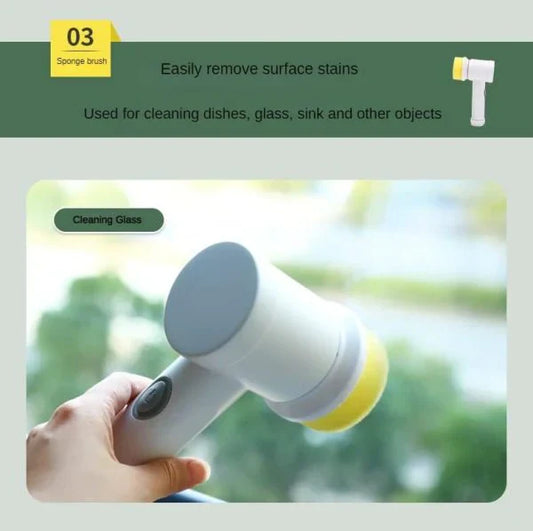Hand holding a multi-purpose cleaning tool with text highlighting its use for cleaning dishes, glass, sinks, and various household surfaces. Demonstrates an effective cleaning solution for removing dirt, grease, and stains while making everyday cleaning tasks easier and more efficient.